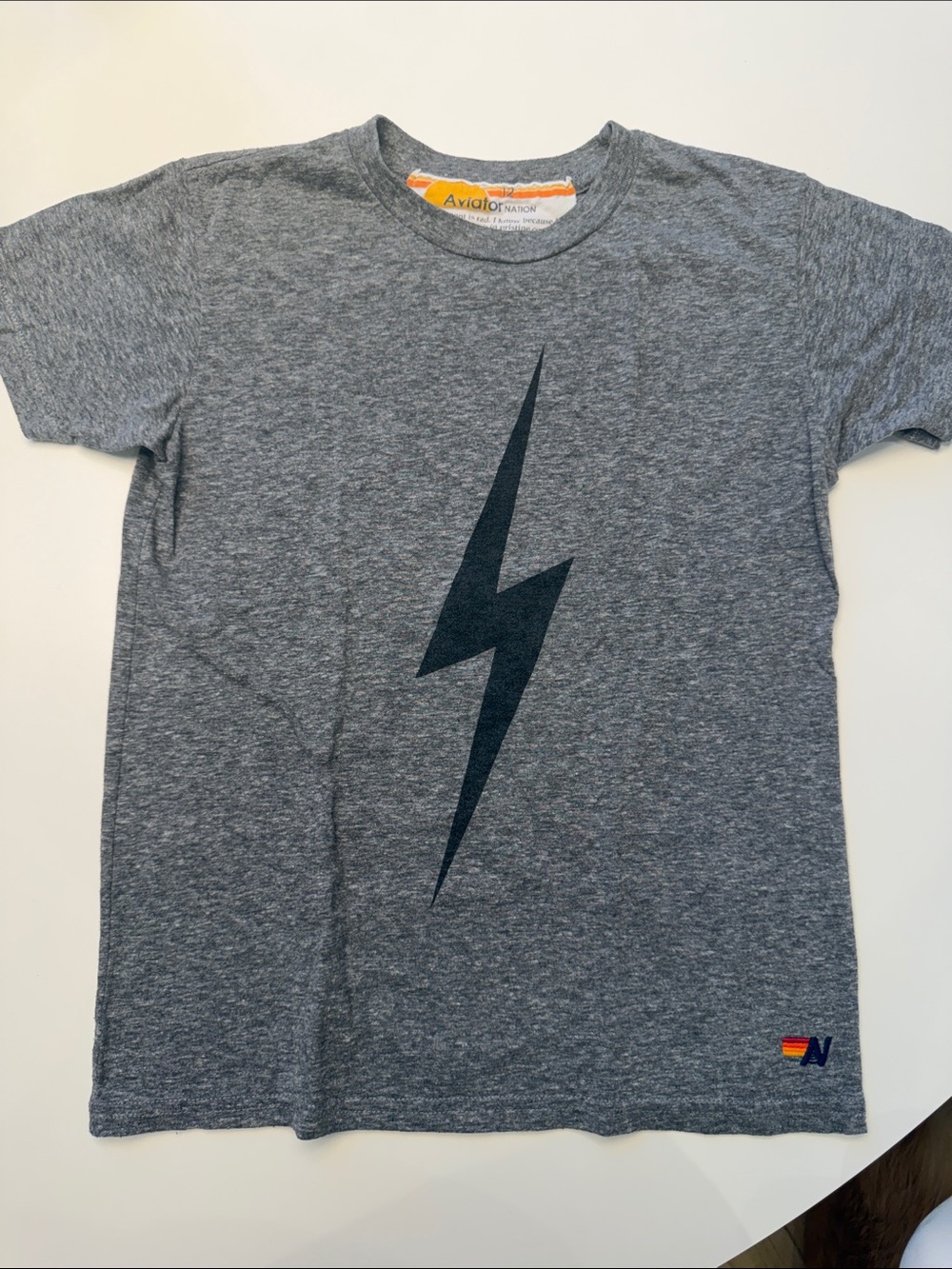 Aviator Nation Kids Gray Tee with Navy Lightning Bolt